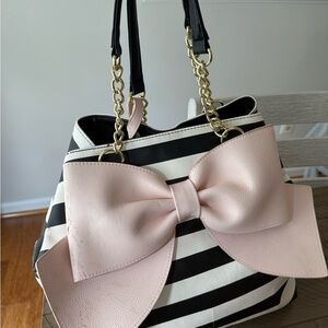 Betsey Johnson Black and White Striped Bag with Pink Bow